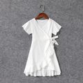 White Cross Wrap V Neck Self Tie Short-sleeve Ruffle Dress for Mom and Me White