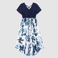 Family Matching Floral Print Splicing Short-sleeve Dresses and Splicing T-shirts Sets Dark Blue/white