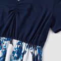 Family Matching Floral Print Splicing Short-sleeve Dresses and Splicing T-shirts Sets Dark Blue/white