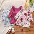 Toddler Girl Ruffled Floral Print/Solid Color Square Neck Long-sleeve Dress Light Pink