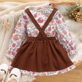 2-piece Toddler Girl Ruffled Floral Print Long-sleeve Top and Suspender Skirt Set Brown