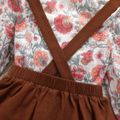 2-piece Toddler Girl Ruffled Floral Print Long-sleeve Top and Suspender Skirt Set Brown