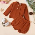 2pcs Baby Boy Solid Waffle Double Breasted Long-sleeve Top and Bloomers Shorts Set Brown