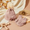 2-pack Solid Color Pompon Decor Knitted Beanie Hat and Glove Set Pink