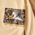 2-piece Kid Boy Letter Vehicle Plane Camouflage Print Long-sleeve Tee and Colorblock Pants Set Apricot