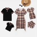 Family Matching Plaid Short-sleeve Ruched Mini Bodycon Dresses and Polo Shirts Sets Khaki image 1