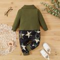 Star Print Splicing Army Green Cotton Lapel Long-sleeve Bow Tie Gentleman Baby Jumpsuit Army green