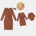 Brown Ribbed V Neck Long-sleeve Belted Bodycon Dress for Mom and Me Brown