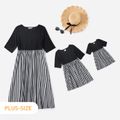 Black Round Neck Half-sleeve Splicing Striped Dress for Mom and Me Black