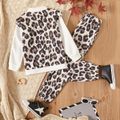 2-piece Kid Girl Leopard Print Ruffled Zipper Bomber Jacket and Pants Set White