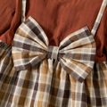 Baby Girl Solid Ribbed Long-sleeve Splicing Plaid Bowknot Dress Color block image 3