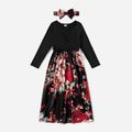 Family Matching Black V Neck Long-sleeve Splicing Floral Print Dresses and Color Block T-shirts Sets Black