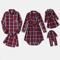 Christmas Red Plaid Family Matching Long-sleeve Belted Dresses and Shirts Sets Color block