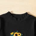 2-piece Kid Girl Floral Print Long-sleeve Black Tee and Pants Set Black