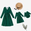 Green V Neck Long-sleeve Swiss Dots Splicing Dress for Mom and Me blackishgreen