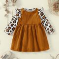 2pcs Baby Girl Leopard Ruffle Long-sleeve Top and Solid Overall Dress Set Color block