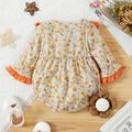 Baby Girl All Over Floral Print Bell Sleeve Splicing Ruffle Romper Color block