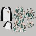 Family Matching Floral Pint Long-sleeve Belted Dresses and Raglan-sleeve T-shirts Sets White
