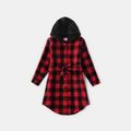 Christmas Red Plaid Long-sleeve Belted Hoodie Dress for Mom and Me Red