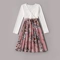 Family Matching Floral Print Long-sleeve Splicing Dresses and Color Block Tops Sets White