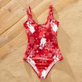 Christmas All Over Snowman and Snowflake Print Red Family Matching Swimsuits Red