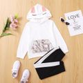 2-piece Kid Girl Sequined Pocket Design  Embroidered Ear Design Hoodie Sweatshirt and Colorblock Pants Set White image 1
