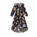 Family Matching All Over Floral Print Black Long-sleeve Ruffle Dresses and Color Block Tops Sets ColorBlock