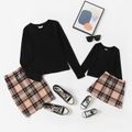 Black Long-sleeve T-shirt with Plaid Skirt Sets for Mom and Me Color block