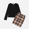 Black Long-sleeve T-shirt with Plaid Skirt Sets for Mom and Me Color block