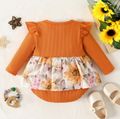 Baby Girl Orange Ribbed Long-sleeve Splicing Butterfly and Floral Print Romper Orange
