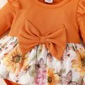 Baby Girl Orange Ribbed Long-sleeve Splicing Butterfly and Floral Print Romper Orange