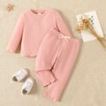 2pcs Baby Solid Ribbed Long-sleeve Top and Trousers Set Pink
