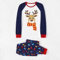 Christmas Cartoon Reindeer and String Lights Print Family Matching Raglan Long-sleeve Pajamas Sets (Flame Resistant) Dark blue/White/Red