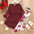 2-piece Toddler Girl Ruffled High Low Long Bell sleeves Ribbed Top and Floral Print Pants Set Red