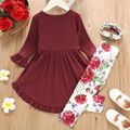 2-piece Toddler Girl Ruffled High Low Long Bell sleeves Ribbed Top and Floral Print Pants Set Red