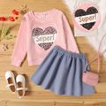 2-piece Kid Girl Flip Sequin Letter Heart Pattern Pink Fuzzy Sweatshirt and Solid Color Skirt Set Pink