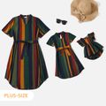 Colorful Stripe Long-sleeve Belted Dress for Mom and Me Multi-color