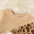 2-piece Kid Girl Leopard Print Colorblock Fuzzy Pullover Sweatshirt and Fleece Lined Pants Casual Set Khaki