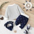 3pcs Baby 95% Cotton Long-sleeve Striped Pullover Set Dark Blue image 3