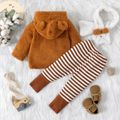 3pcs Baby 3D Ears Hooded Long-sleeve Thickened Fleece Outwear and Striped Ribbed Trousers Set Brown