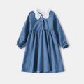 Family Matching Solid Blue Denim Lapel Long-sleeve Irregular Hem Dresses and Shirts Sets Blue