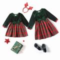 Christmas Velvet Bowknot Long-sleeve Splicing Red Plaid A-line Dress for Sister and Me ColorBlock