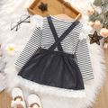 2-piece Toddler Girl Lace Design Stripe Long-sleeve Tee and Suspender Denim Skirt Set Black/White