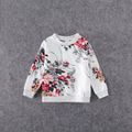 Floral Print Crewneck Drop Shoulder Long-sleeve Tops for Mom and Me White