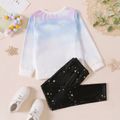 2-piece Kid Girl Stars Print Gradient Color Sweatshirt and Pants Set Light Blue