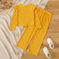 2-piece Kid Girl Ruffled Tie Knot Long-sleeve Ribbed Top and Solid Color Pants Set Ginger