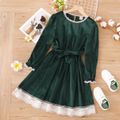 Kid Girl Lace Design Belted Velvet Long-sleeve Dress Green