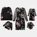 Family Matching Floral Print Black Mesh Long-sleeve Dresses and Sweatshirts Sets Black