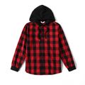 Family Matching Contrast Buffalo Plaid Long-sleeve Belted Dresses and Hooded Sweatshirts Sets redblack