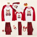 Christmas Cartoon Reindeer and Letter Print Red Family Matching Raglan Long-sleeve Plaid Pajamas Sets (Flame Resistant) Red/White